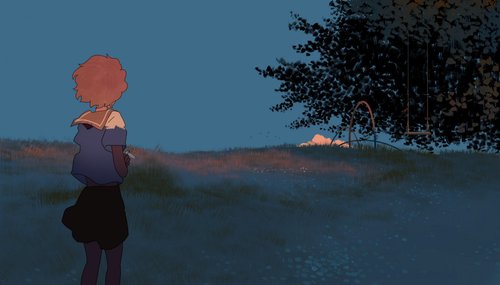 Dziewcząt anime, mundurek szkolny, zachód słońca, spokojna, Huśtawka liny, trawa, bangjoy