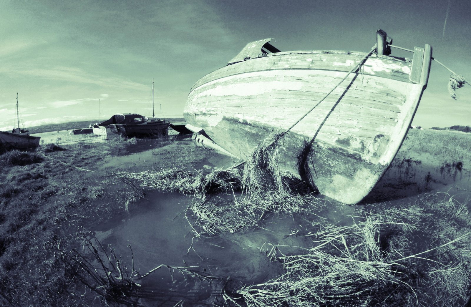 přímořská krajina, opuštěný, pobřeží, woodenboat, vrak, přílivový, Wirral, fisheyelens, Deeside, Heswallmarsh