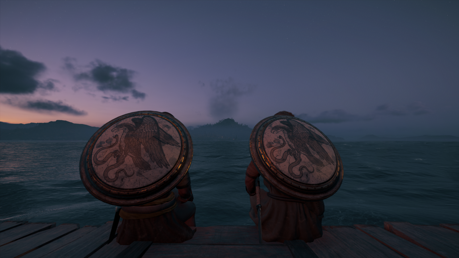 Assassin's Creed Odyssey, přátelství, sea side, noc