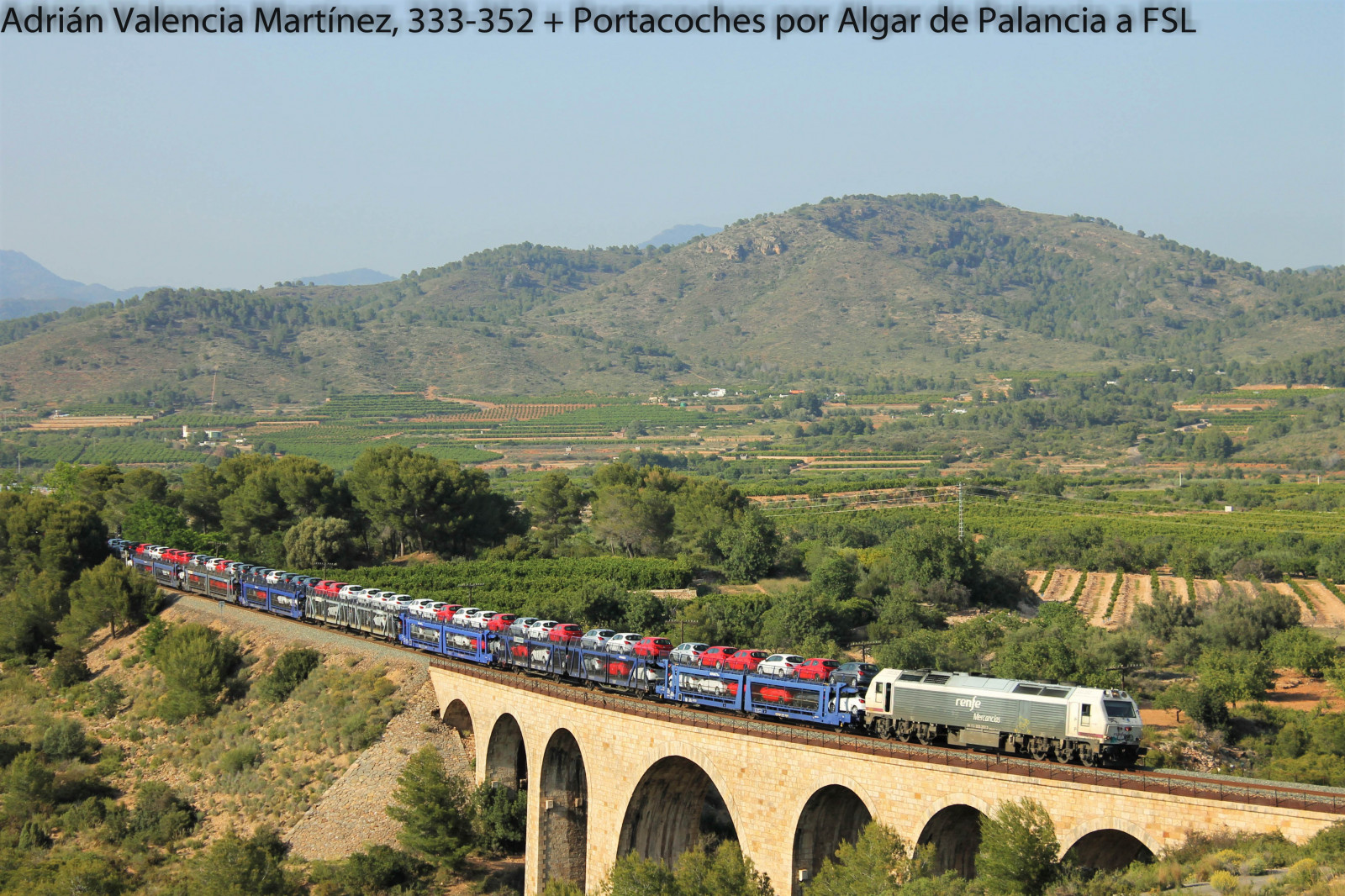collina, cielo, veicolo, treno, ponte, trasporto, Opel, viadotto, albero, montagna, pianta, sierra, del, traccia, diesel, collina stazione, trasporto ferroviario, renfe, mercancias, PORTACOCHES, 333, Vossloh, algar, Calderone, cdea, palancias