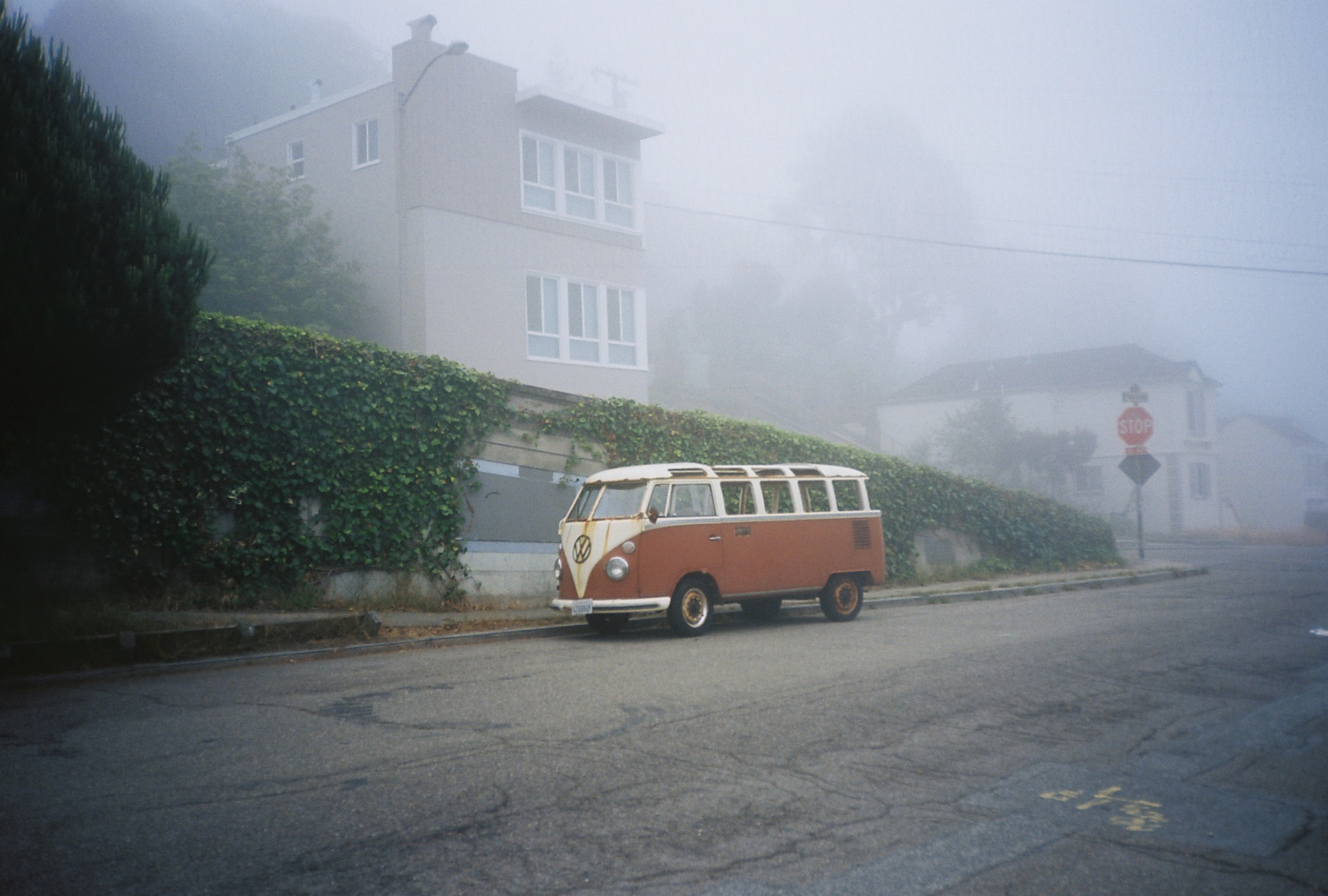 krajina, auto, nebe, vozidlo, silnice, Dům, Volkswagen, večer, ráno, mlha, rez, doprava, mrak, strom, mlha, hora, vw, vwbus, motorové vozidlo, druh dopravy, kodakektar100, kombi