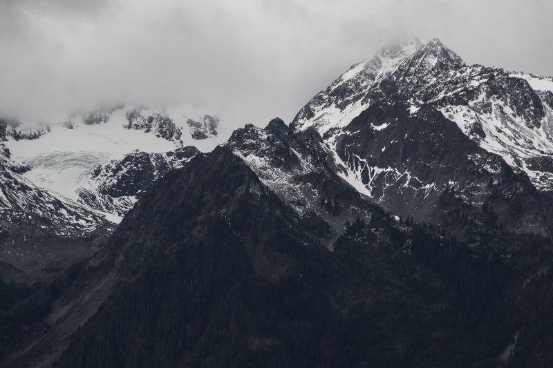 morfologie montane, montagna, catena montuosa, cielo, cresta, bianco e nero