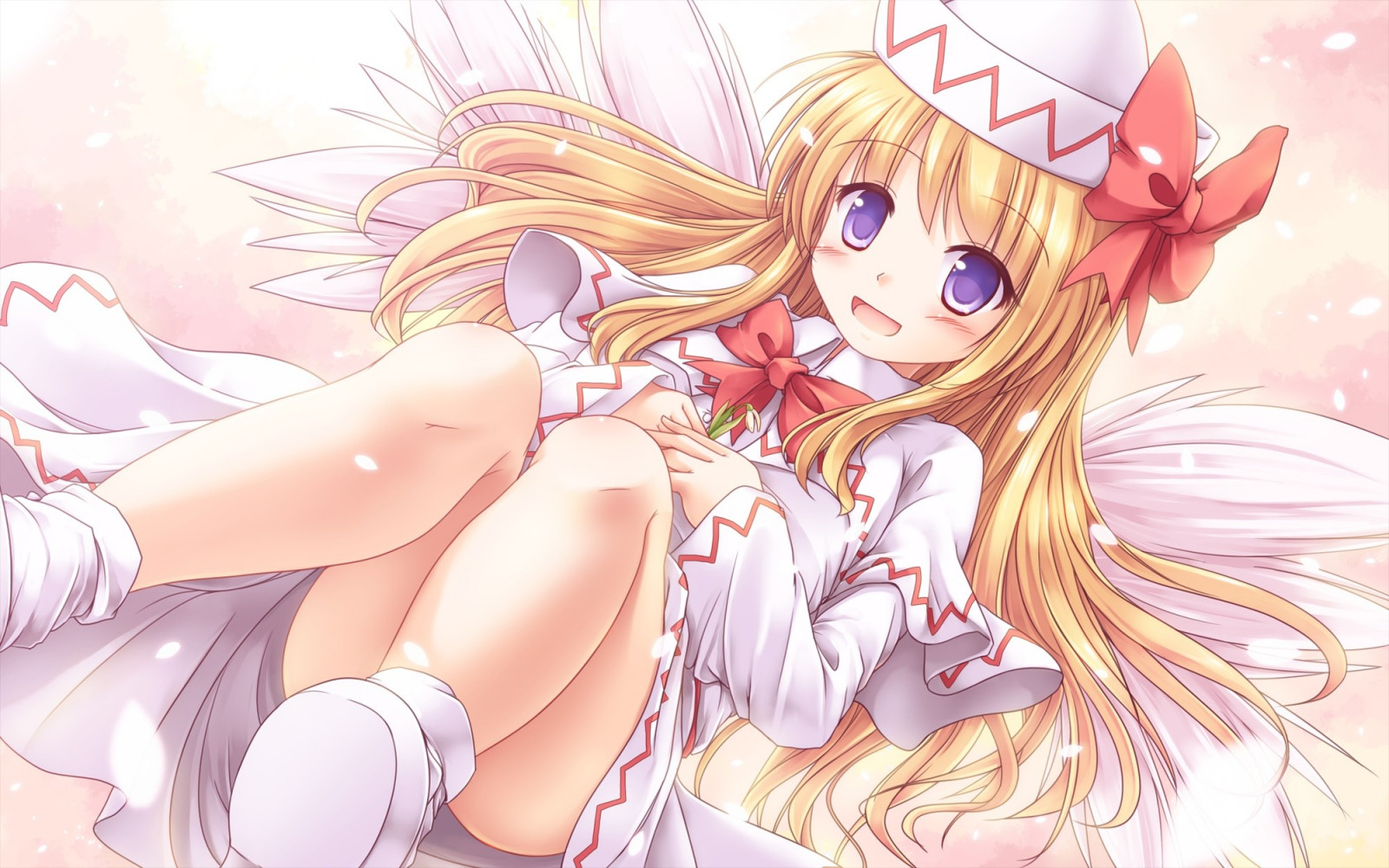 ilustrace, blondýnka, anime, modré oči, bílé šaty, loli, Touhou, Červená stuha, Lily White, mangaka