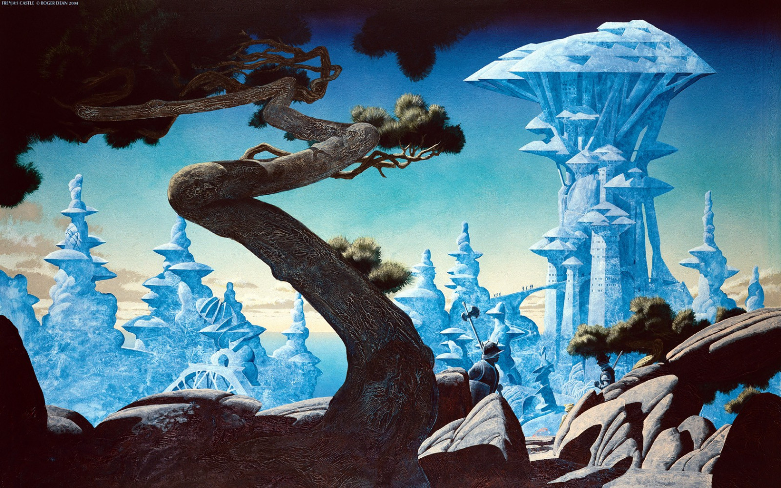 stromy, ilustrace, digitální umění, fantasy umění, rytíř, Skála, Příroda, větev, hrad, svět, mytologie, Roger Dean, nástěnná malba, UMĚNÍ, Snímek obrazovky