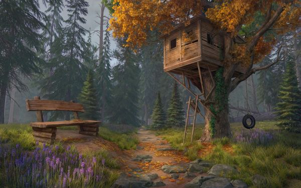 artwork,trees,tree house,rest,bench,rocks