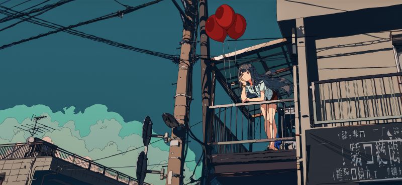 anime girls,palloncino,donne,cielo