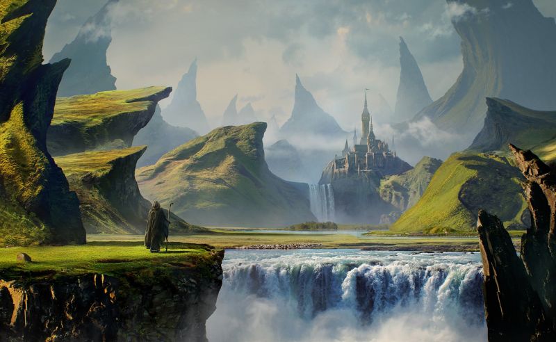 panorama, montanhas, cascata, arte digital, Fantasia arte, homens panorama, montanhas, cascata, arte digital, Fantasia arte, homens