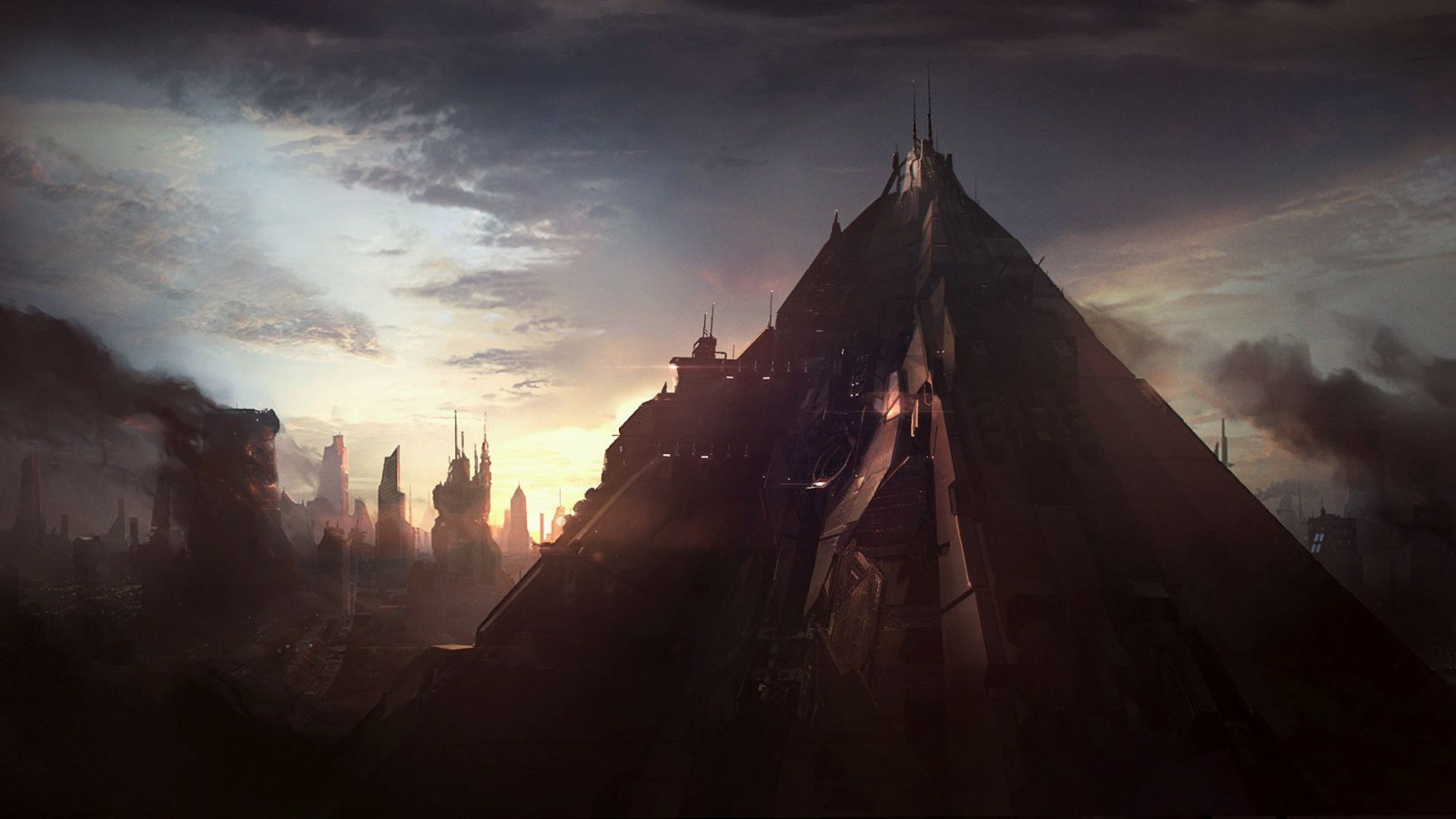tempel, sollys, solnedgang, nat, bygning, afspejling, himmel, solopgang, aften, morgen, tåge, science fiction, Sol, skumring, pyramide, Prospero, lys, Sky, tåge, bjerg, daggry, mørke, skærmbillede, atmosfærisk fænomen, computer tapet