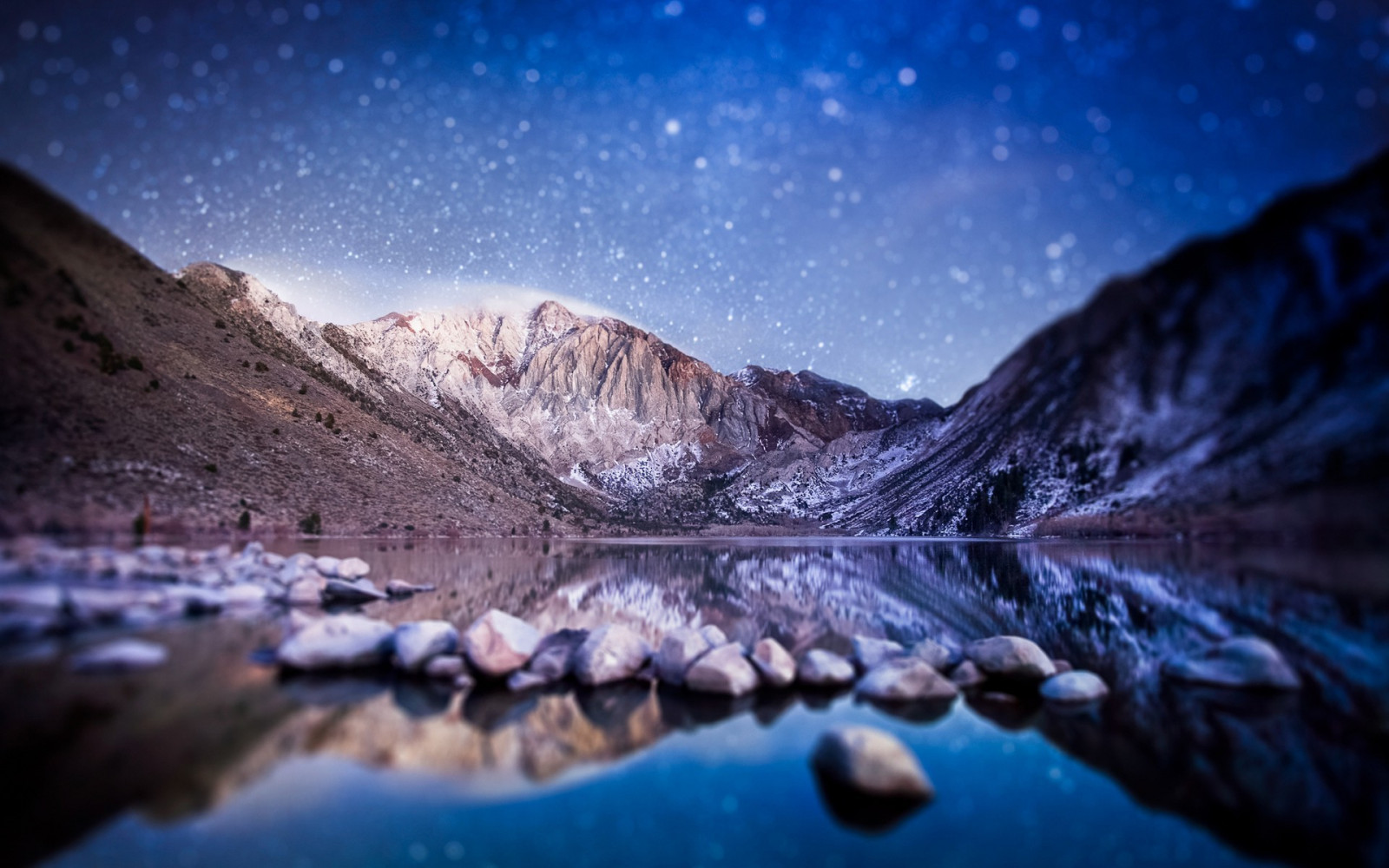 1920x1200 px, lake, mountain, reflection, rock, snow, stars, tilt shift, valley, water