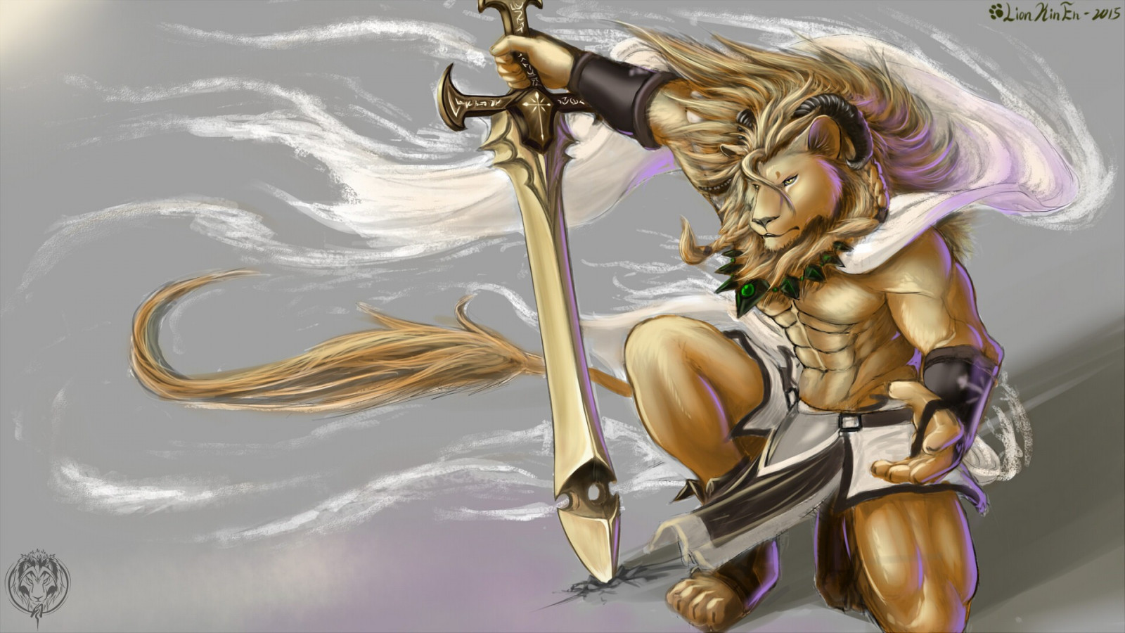 ilustrace, lev, meč, srstnatý, Anthro, mytologie, figurka, žena bojovník