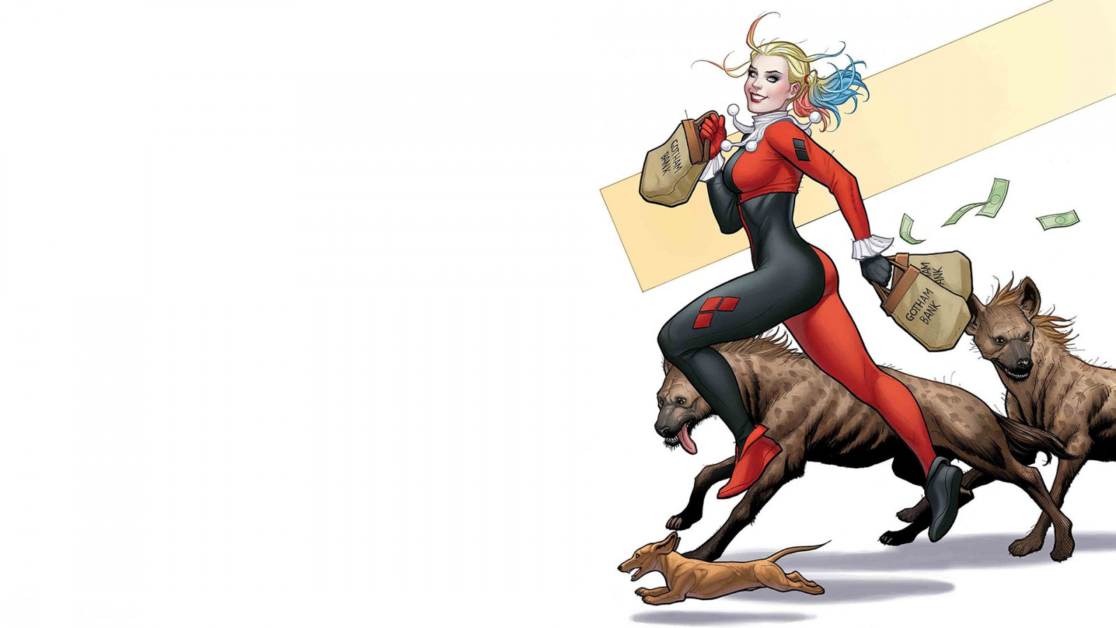 Harley Quinn, DC Comics, superheroines, super hrdina, ženy, blondýnka, kostýmy, souprava, copánky, Pes, hyeny, dolarů, peníze, zvěř, jednoduché pozadí, bílé pozadí, komiks, komické umění, umělecká díla, digitální umění