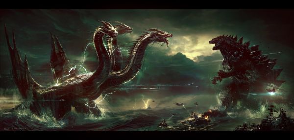ocean battle,George Hull,science fiction,Godzilla,digital art,dragon