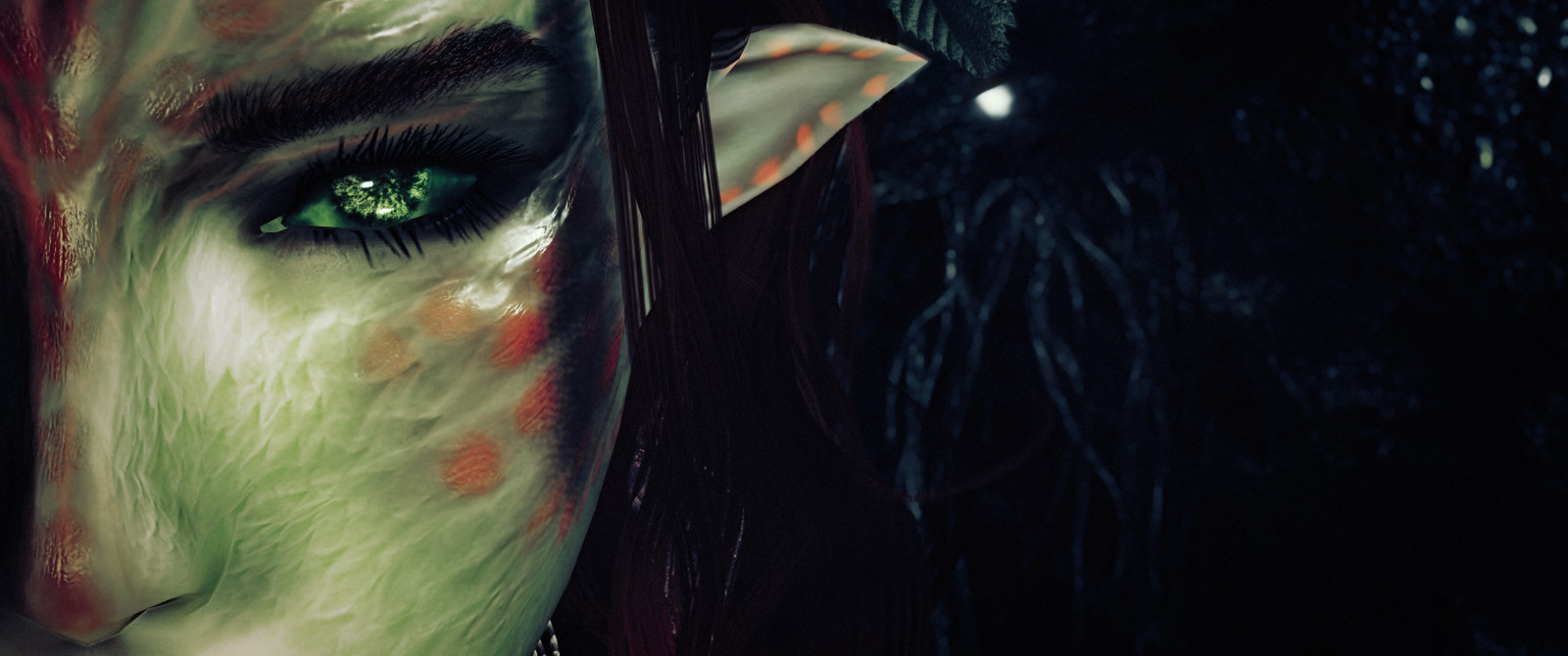 ธรรมชาติ, สีเขียว, เที่ยงคืน, ศิลปะ, หญิงสาว, ตา, มนุษย์, ความมืด, จินตนาการ, เอลฟ์, วีดีโอเกมส์, skyrim, วอลล์เปเปอร์คอมพิวเตอร์, เทคนิคพิเศษ, goth subculture, ภาพหน้าจอ, modding, pcgaming, tetrodoxin, elderscrolls, snapdragonenb, cg artwork