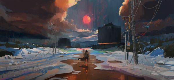 Ismail Inceoglu,artwork,drawing,snow covered,ultrawide,ArtStation