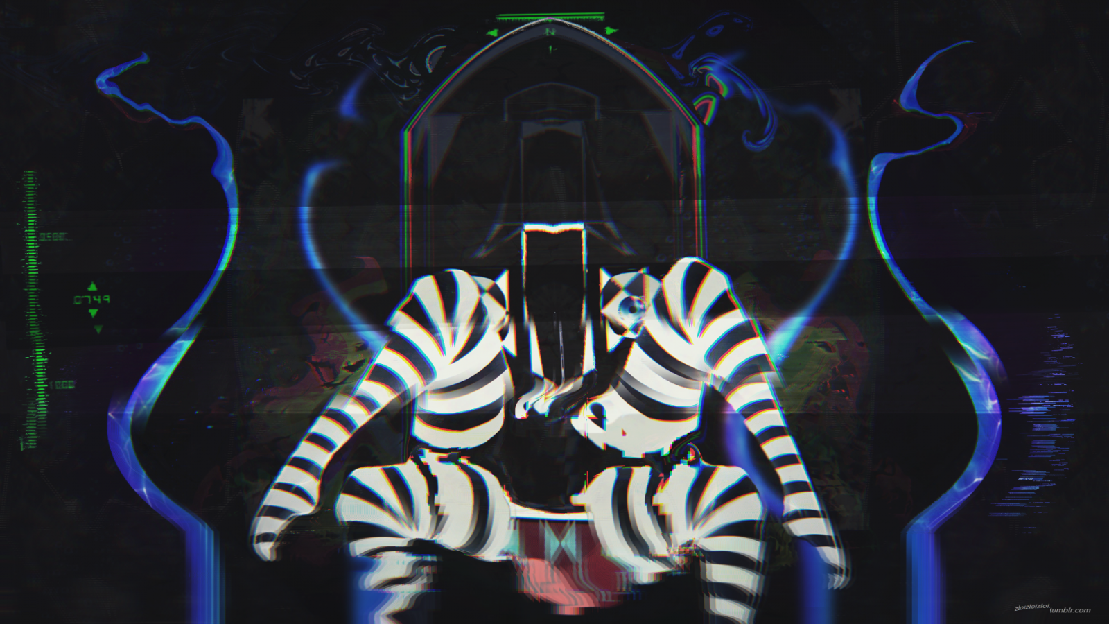 ilustrace, temný, abstraktní, glitch art, nadreálný, modrý, roztáhnout nohy, psychedelic, pruhy, elektřina, UMĚNÍ, světlo, tma, Snímek obrazovky, počítač tapeta, orgán