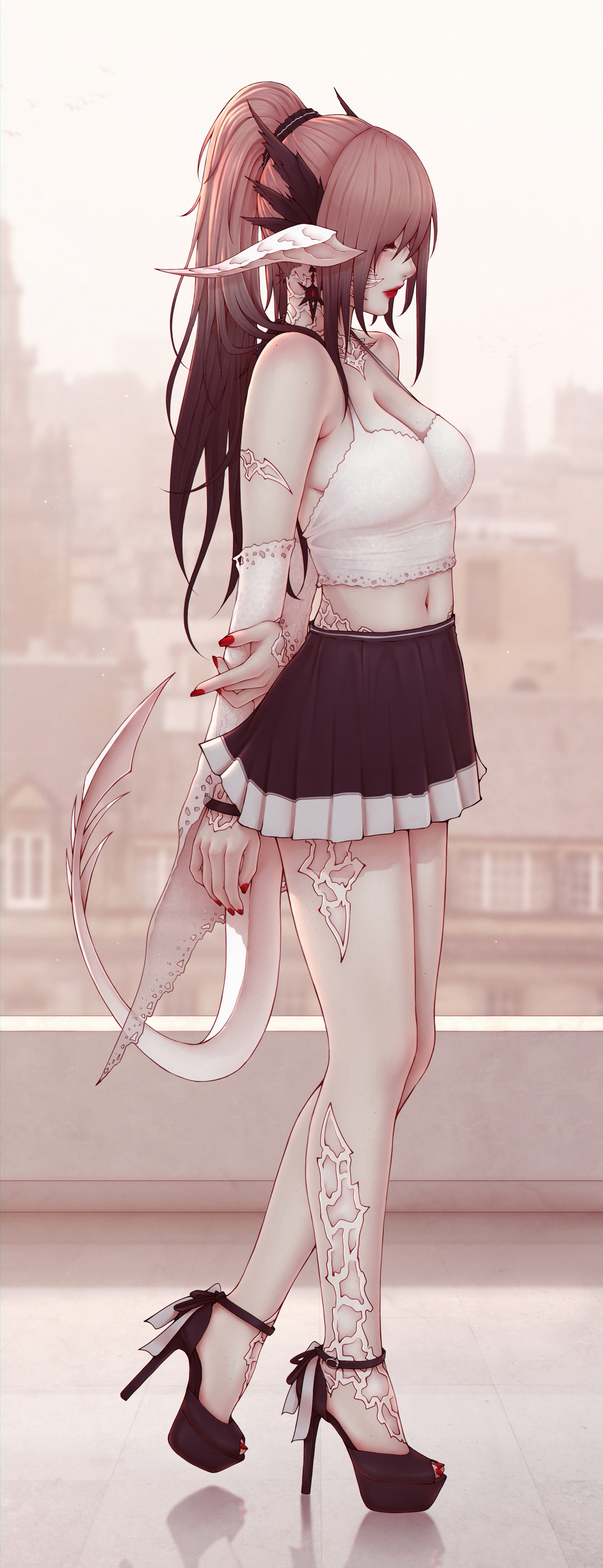 Au Ra, Final Fantasy, video games, original characters, fantasy girl, white tops, miniskirt, heels, ponytail, artwork, drawing, Soranamae, profile
