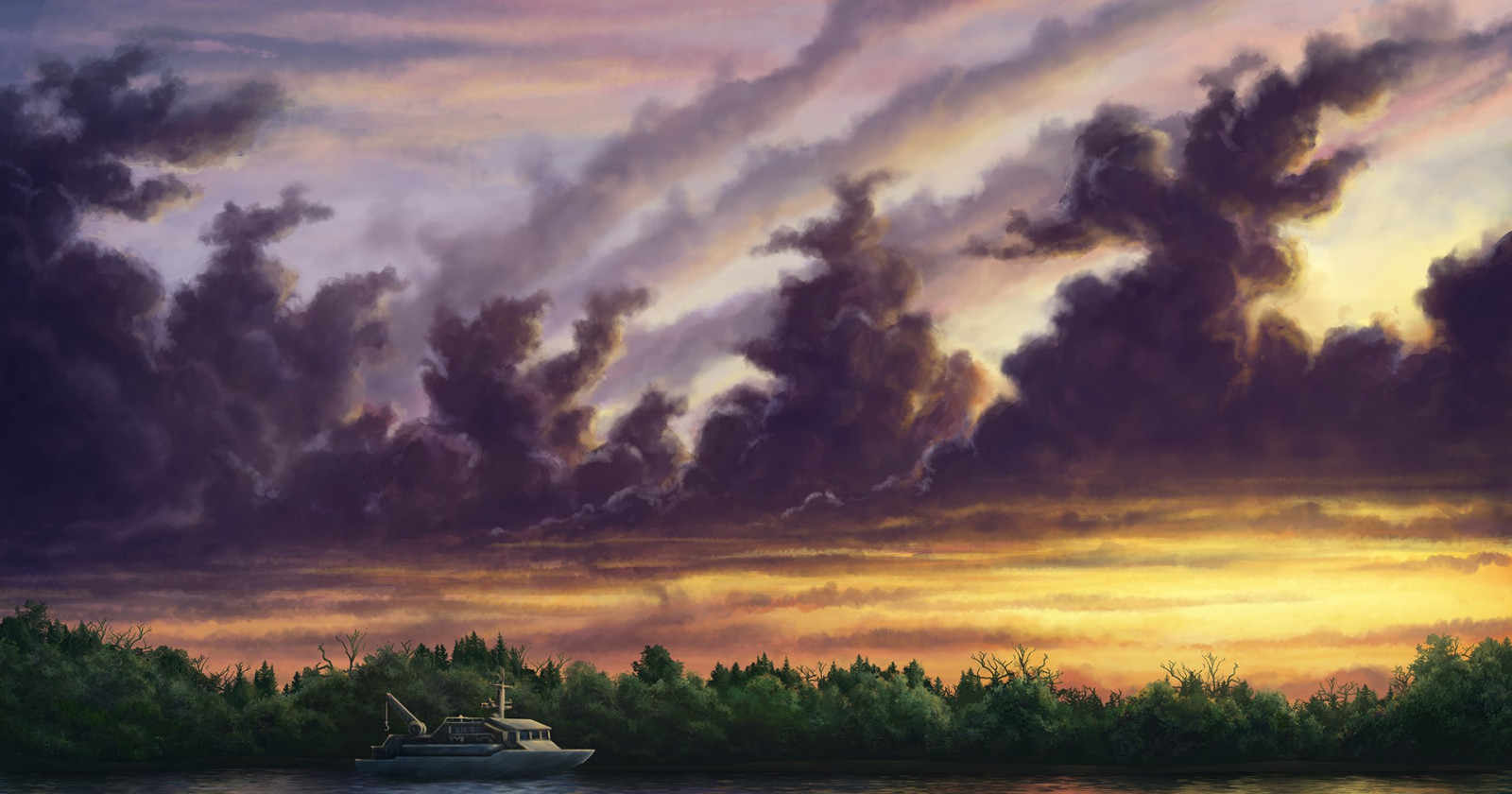 stromy, krajina, malování, les, loď, digitální umění, západ slunce, moře, voda, Příroda, pobřeží, odraz, nebe, mraky, svítání, večer, ráno, pobřeží, slunce, horizont, atmosféra, soumrak, mrak, svítání, oceán, vlna, atmosférický jev, odlesk, meteorologický jev