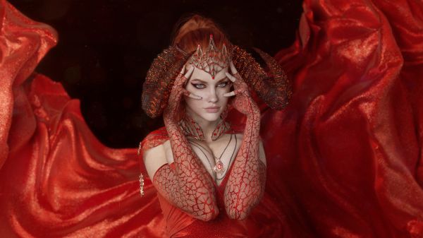 CGI,women,Ruslan Pronin,witch,horns,redhead