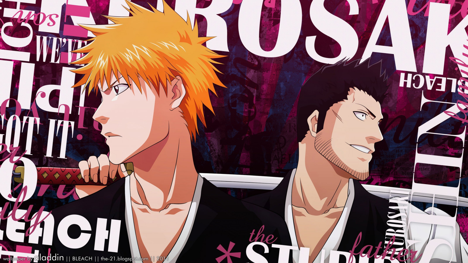 ภาพประกอบ, อะนิเมะ, อะนิเมะชาย, การพิมพ์ตัวอักษร, การ์ตูน, ดาบ, การ์ตูน, Bleach, Kurosaki Ichigo, โปสเตอร์, Isshin Kurosaki, 2560x1440 px, ปกอัลบั้ม, มังงะ, หนังสือการ์ตูน