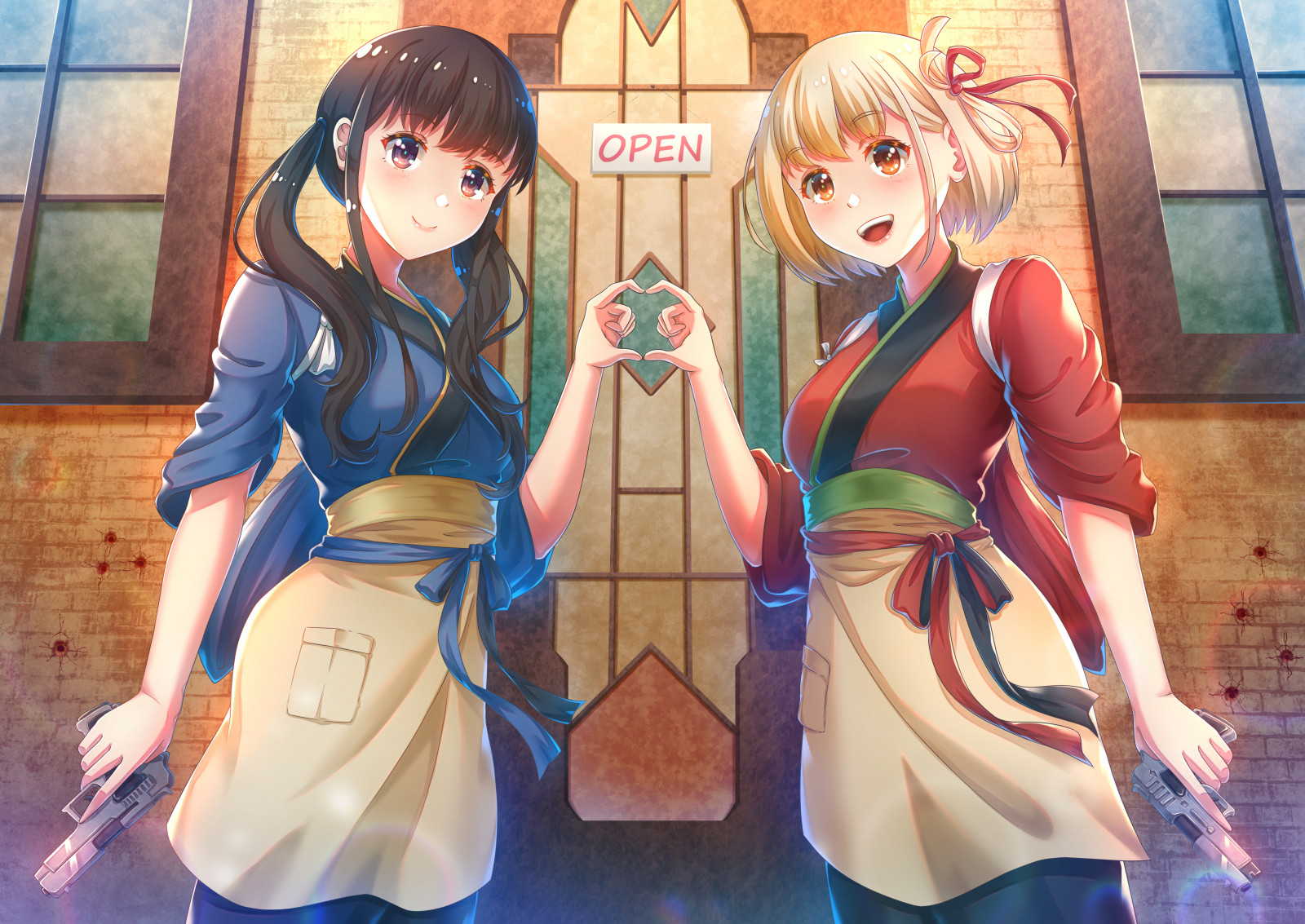 anime, anime dívky, Lycoris Recoil, Nishikigi Chisato, Inoue Takina, krátké vlasy, blondýnka, dlouhé vlasy, černé vlasy, two women, umělecká díla, digitální umění, fan art, pistole, dívky s zbraněmi
