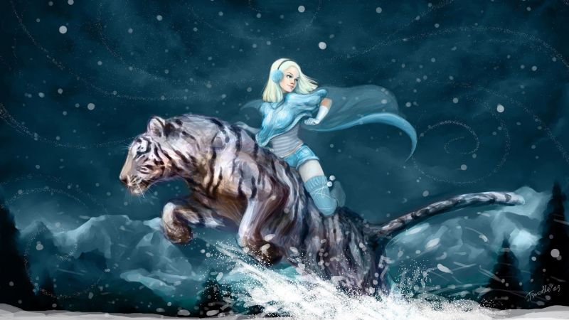 mujer, Arte fantasía, Tigre, mitología, ilustración, nieve mujer, Arte fantasía, Tigre, mitología, ilustración, nieve