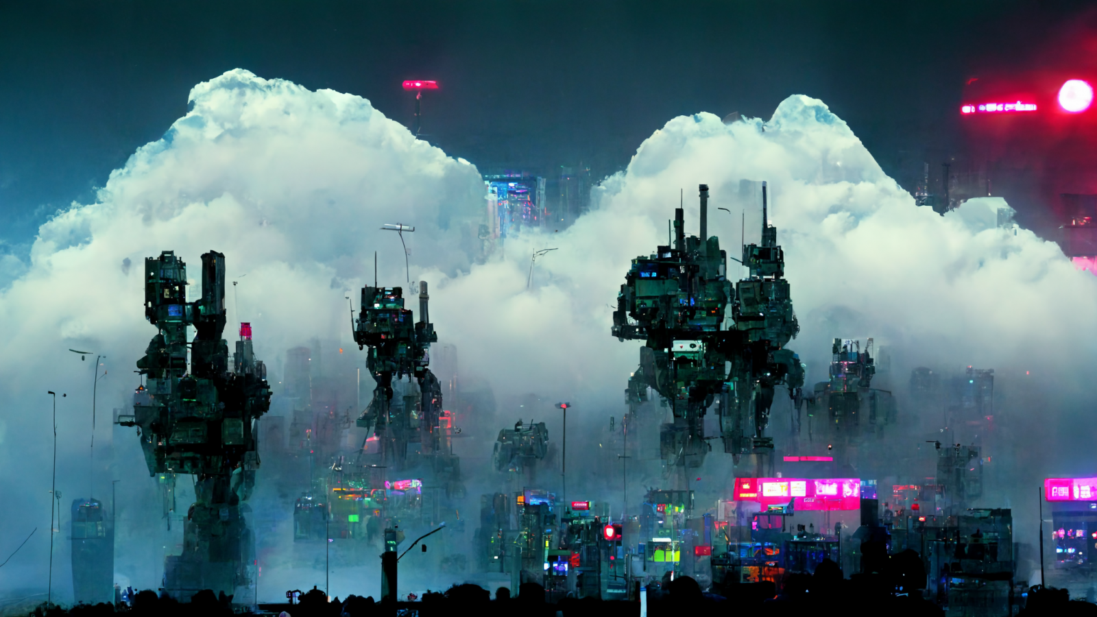 futuristisch, Mechs, Wolken, Stadt, Cyberpunk, Nebel, Zeichen, Ai