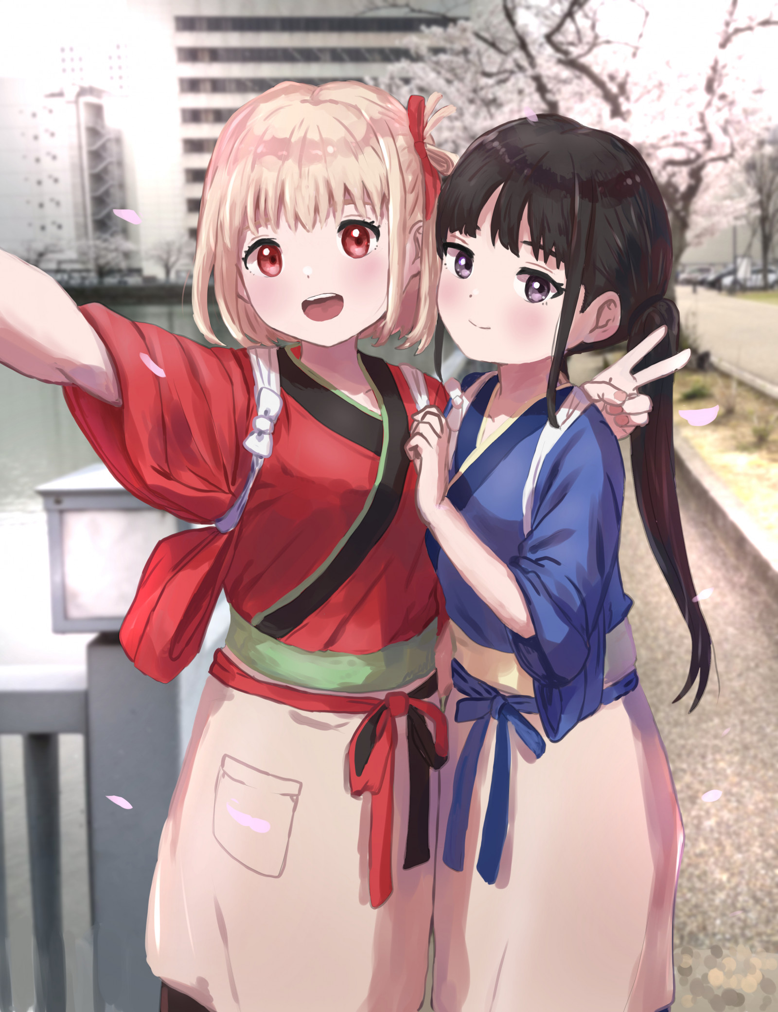 anime, anime dívky, Lycoris Recoil, Nishikigi Chisato, Inoue Takina, shoulder length hair, blondýnka, dlouhé vlasy, černé vlasy, two women, umělecká díla, digitální umění, fan art