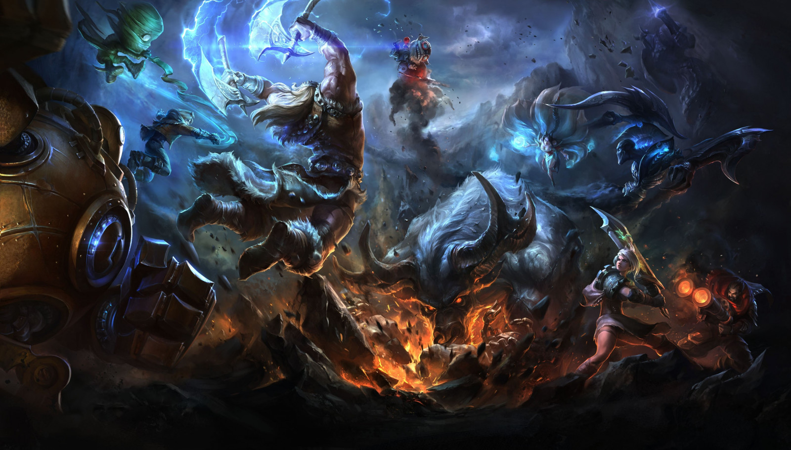 3512x2000 px, Ahri, Amumu, Blitzcrank, Ezreal, hrob, League of Legends, rozpolcené