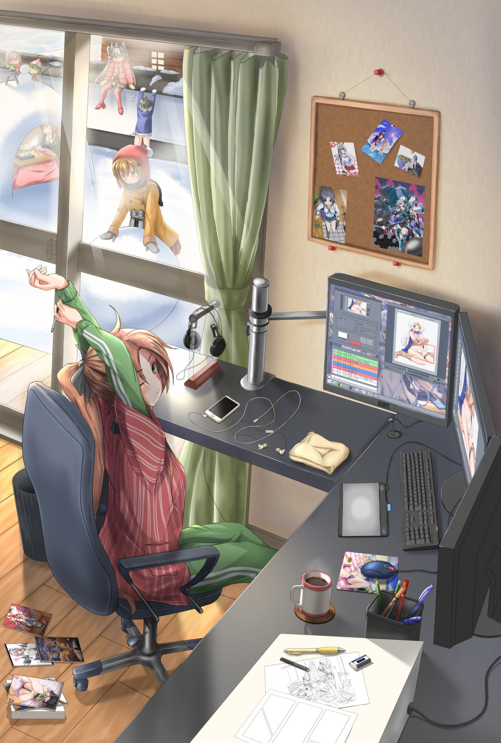 dlouhé vlasy, anime, anime dívky, bruneta, pokoj, místnost, zelené oči, monitor, Vzhled interiéru, lavice, UMĚNÍ, design, domů, Snímek obrazovky