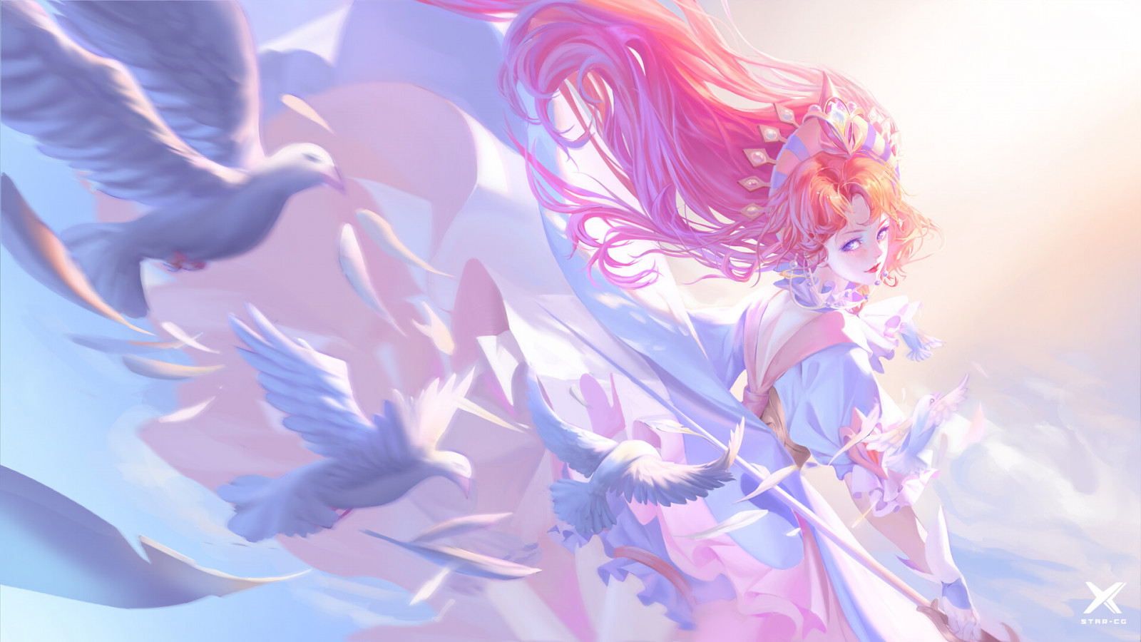 anime, holubi, meč, Růžové vlasy