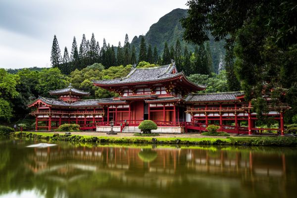 temple, trees, landscape, architecture, garden, lake