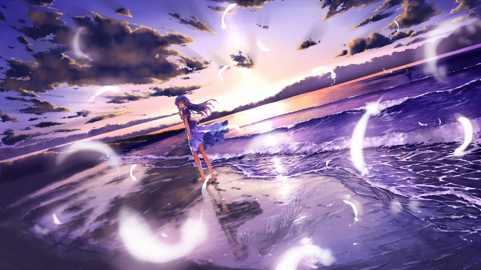 ηλιακό φως, θάλασσα, Νύχτα, anime, κορίτσια anime, χώρος, αντανάκλαση, ουρανός, όχημα, σύννεφα, παραλία, Γη, αρχικούς χαρακτήρες, ατμόσφαιρα, βροντή, σύμπαν, φως, κύμα, screenshot, ταπετσαρία υπολογιστών, ατμόσφαιρα της γης, απώτερο διάστημα