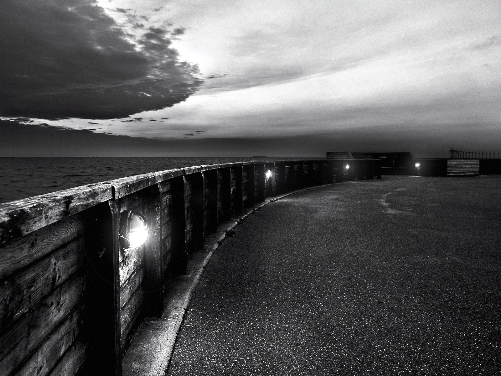 sort hvid, kaj, bro, slud, aften