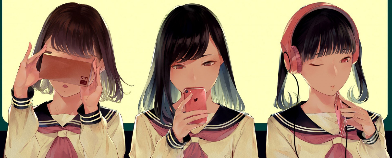 Wallpaper : 1920x775 px, anime girls, headphones, neckerchief, phone