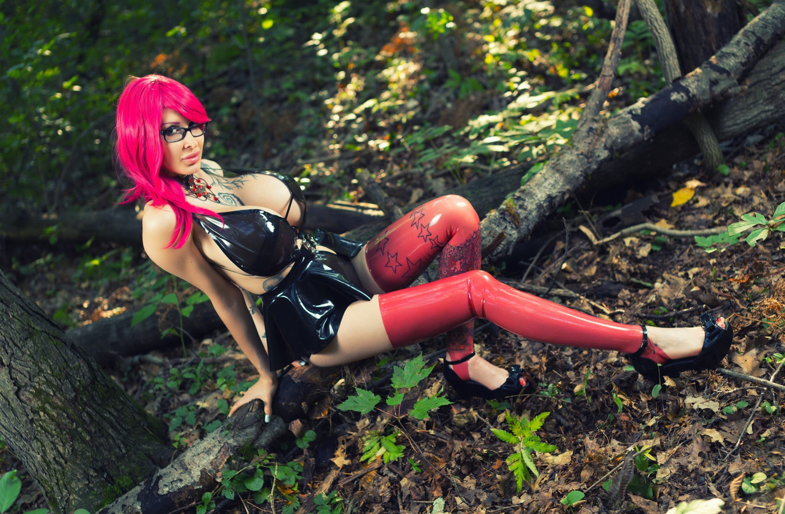 foresta, donne, modello, donne con i vetri, grandi tette, giungla, latice, Ariane Saint Amour, signora, costume