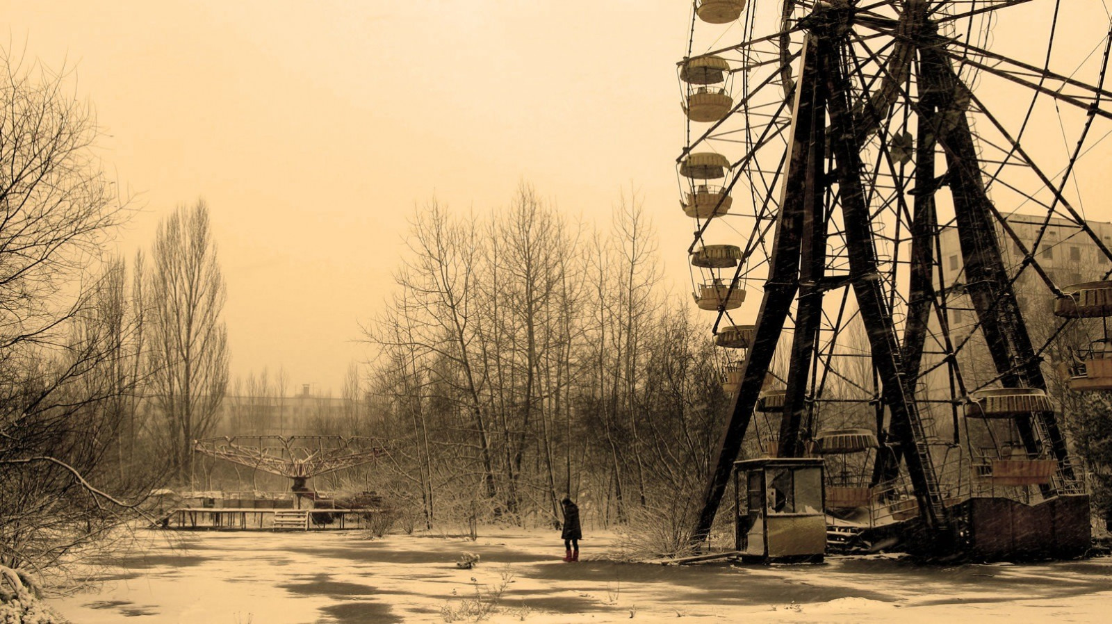luce del sole, alberi, tramonto, natura, abbandonato, la neve, inverno, sera, mattina, ruota panoramica, Chernobyl, Pripyat, Città fantasma, albero, stagione, fenomeno atmosferico, pianta legnosa