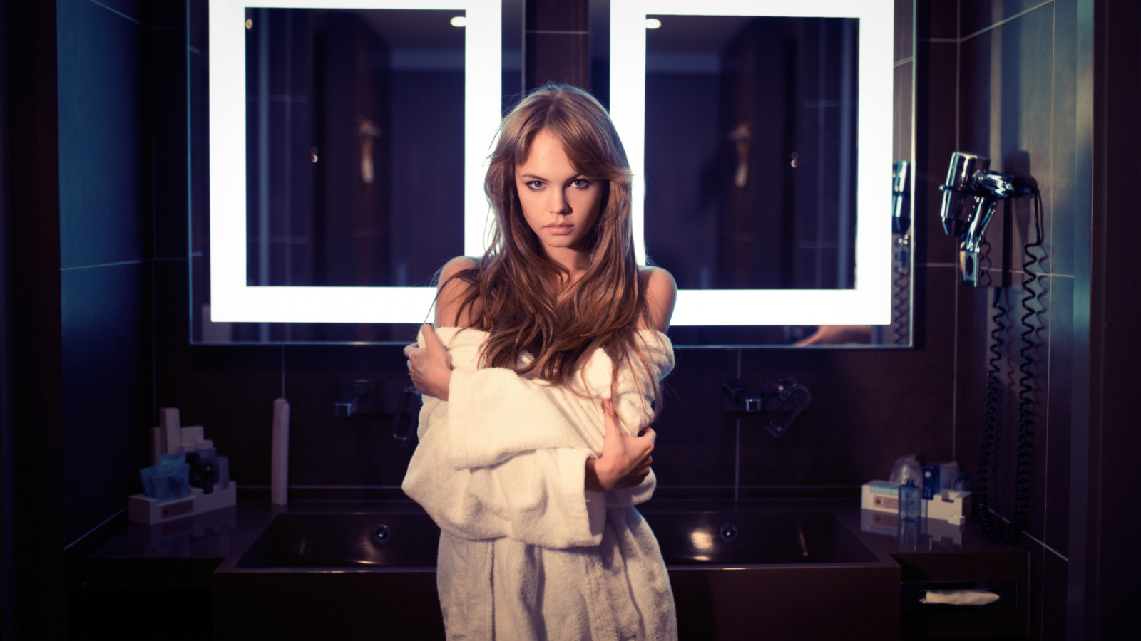 Anastasia Scheglova, model, mirror, bathroom, women, bathrobes, looking at viewer, women indoors, long hair, straight hair, blue eyes, bare shoulders, pink lipstick
