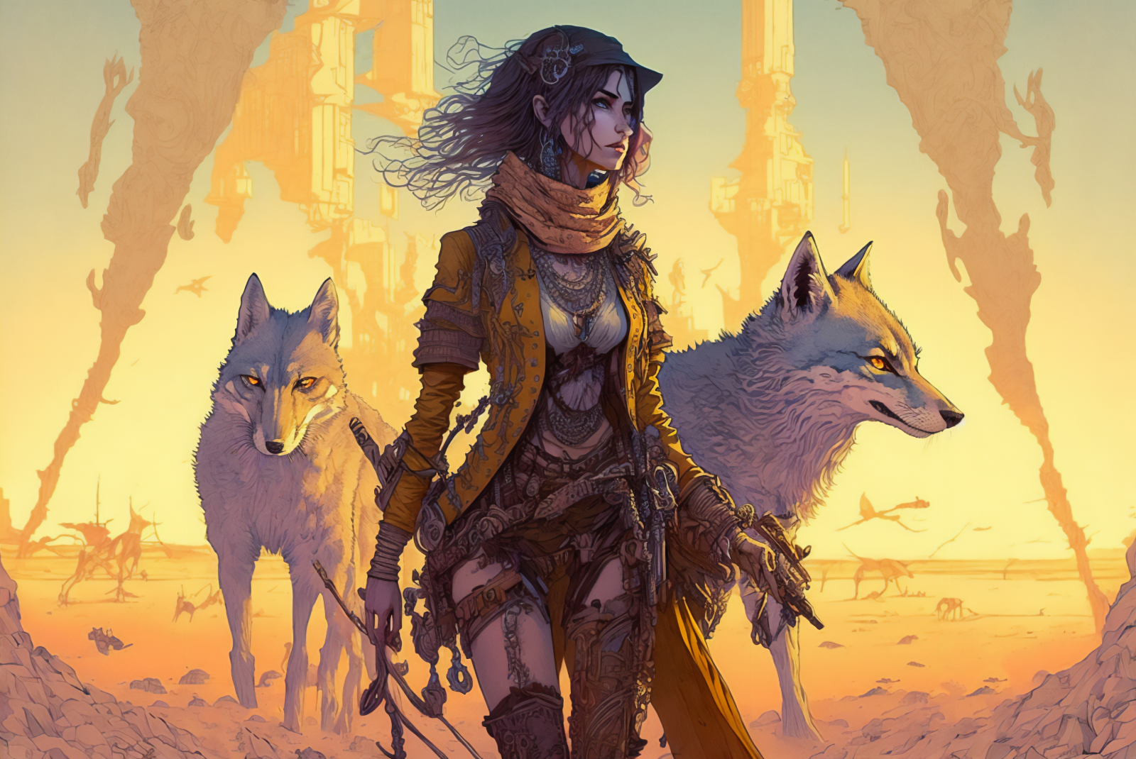 ai art, zvěř, ilustrace, ženy, vlk, komické umění, lovec, post apocalypse