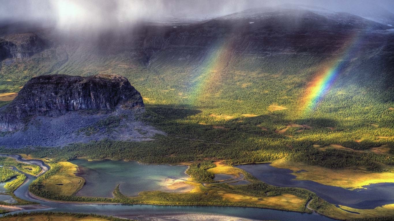 햇빛, 경치, 숲, 산들, 자연, 반사, 구름, 안개, 강, 무지개, 분위기, 조감도, 골짜기, 스웨덴, 습지, 평원, 스크린 샷, 대기 현상, 컴퓨터 벽지