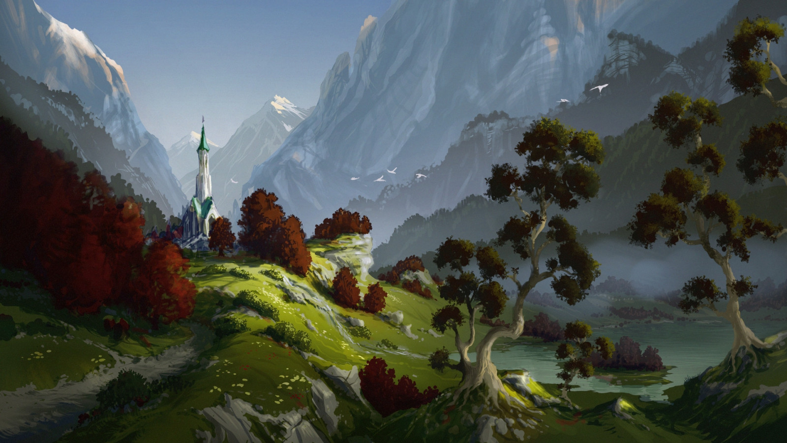 hora, svět, Natural landscape, rostlina, nebe, vysočina, atmosférický jev, biome, strom, Terén, krajina, ráno, malovat, malování, pohoří, kopec, údolí, UMĚNÍ, masiv, Skála, lučina, hřbet, ilustrace, ledová landform, visual arts, tráva, batholith, vrcholek, Strategy video game, sníh, cg artwork, akvarel barvy