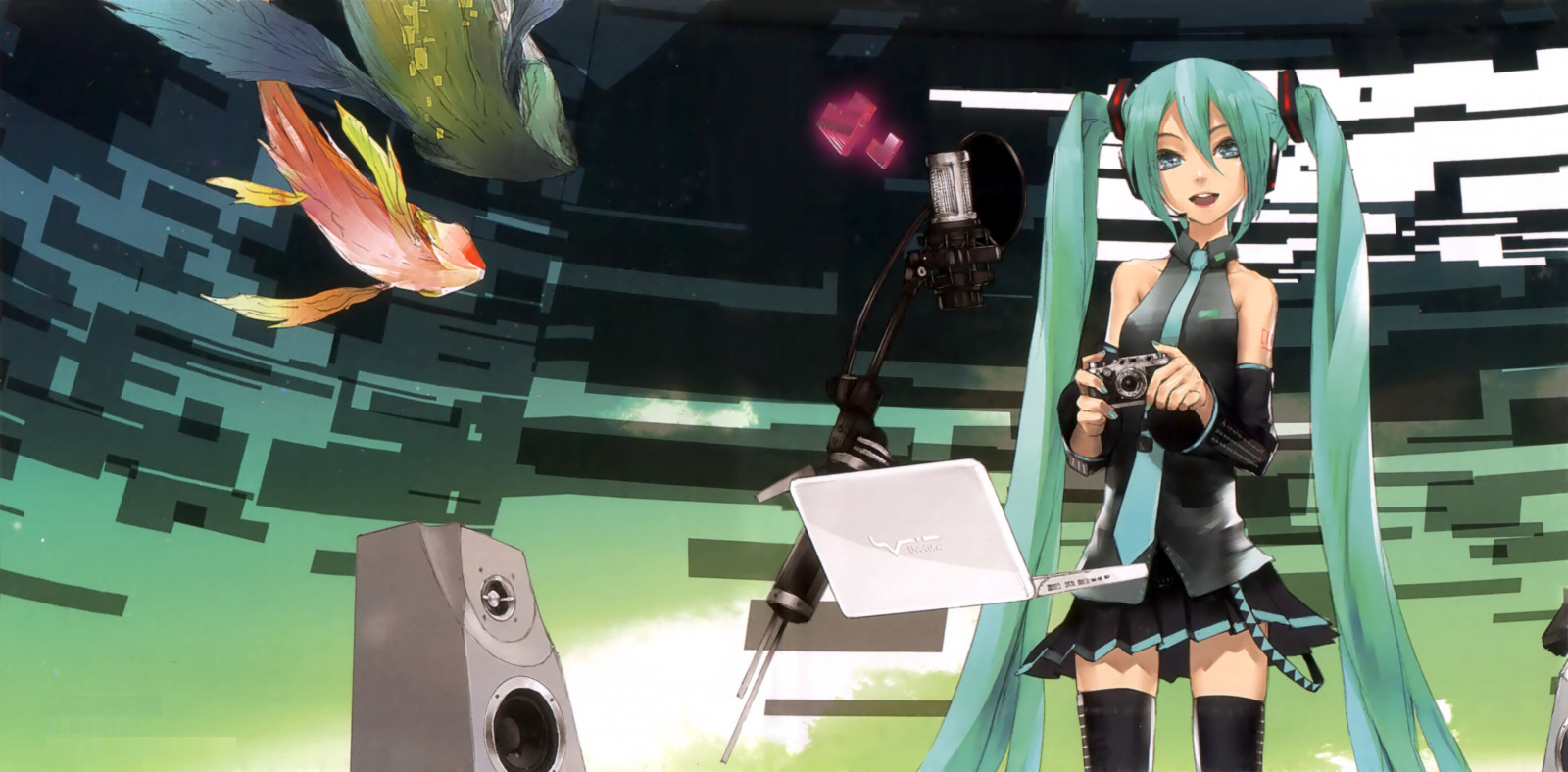 5706x2811 px, anime, Krásná, krása, charakter, roztomilý, hra, dívka, zelená, vlasy, Hatsune, humanoidní, dlouho, půvabný, luka, megurine, Miku, hudba, sladký, ocas, video, Vocaloid