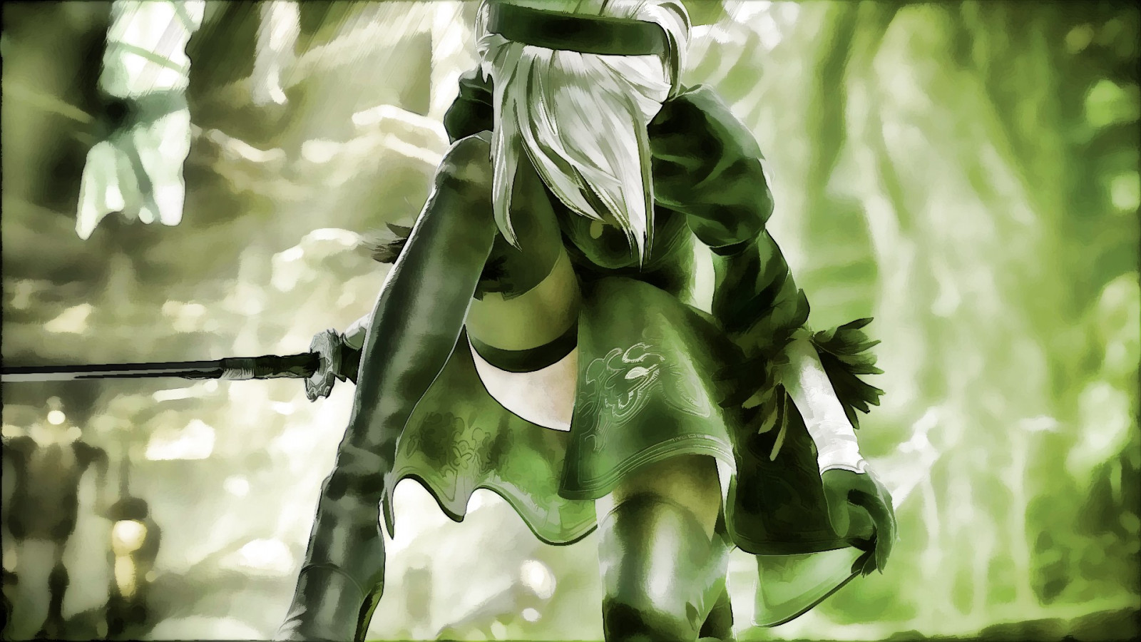 Wallpaper green, Nier Automata, NieR, statue, jungle, leaf, flower
