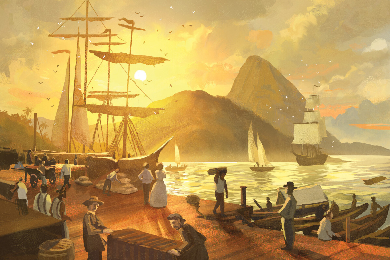 Brazílie, classical art, dok, loď, hory, slunce