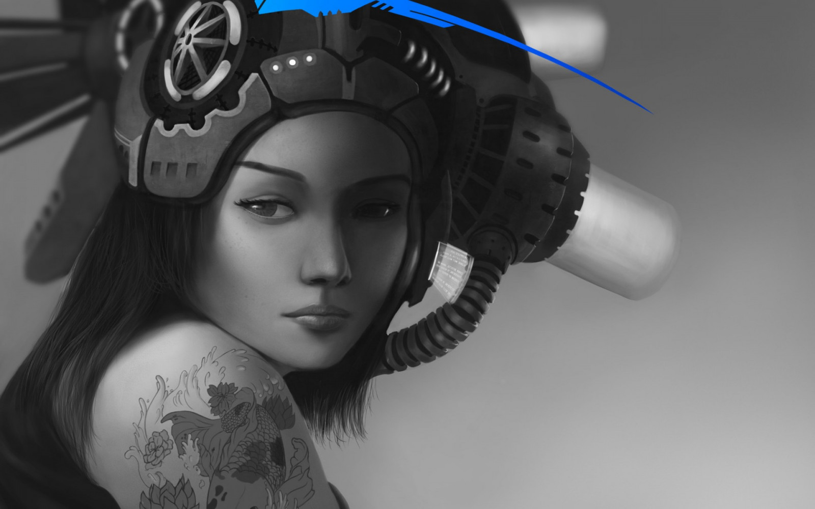 1920x1200 piksel, ve, SANAT, siyah, mavi, Cyborg, Siberler, Fi, balık, kız, şapka, Tek renkli, robot, Bilim, omuz, dövme, beyaz