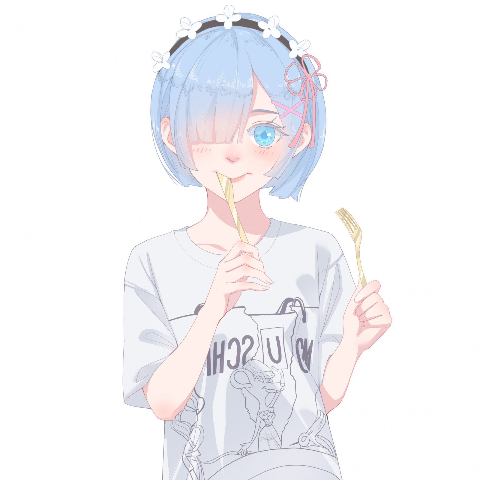 Re Zero Kara Hajimeru Isekai Seikatsu, Anime Mädchen, 2D, Einfacher hintergrund, kurzes Haar, Blaue Haare, Kleine boobs, Erröten, weißes T-Shirt, Blick auf Betrachter, anime girls eating, Rem Re Zero, Fan Art