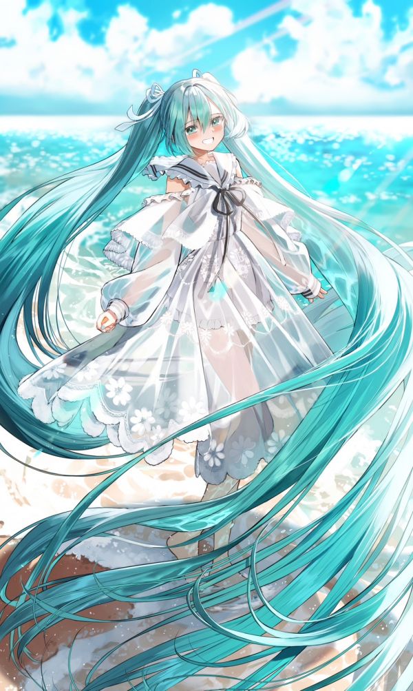 anime girls,beach,Vocaloid,Hatsune Miku,portrait display,looking at viewer