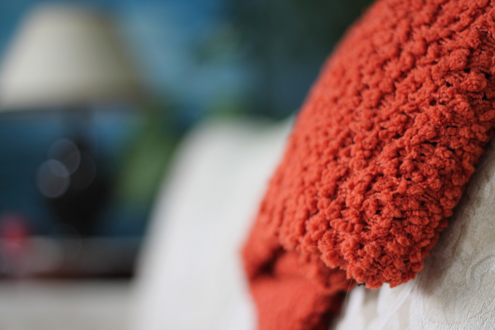 orange, lampe, hyggeligt, varm, værelse, indpakket, drømmer, sofa, tæppe, burntorange