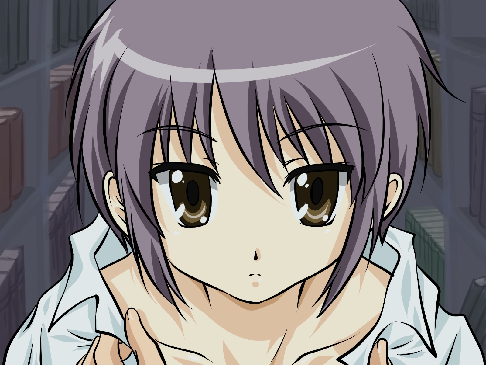 illustrazione, anime, opera d'arte, camicia, capelli neri, Nagato Yuki, Suzumiya Haruhi no Yuutsu, ragazza, avvicinamento, mangaka