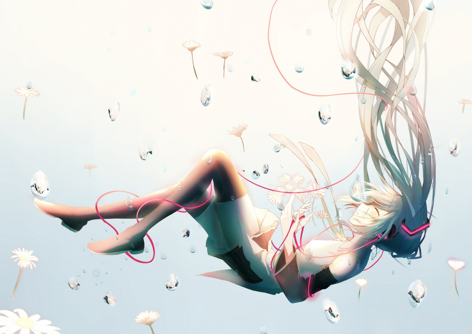 ilustrace, květiny, dlouhé vlasy, anime, anime dívky, kreslená pohádka, Vocaloid, Hatsune Miku, sukně, Pod vodou, Kravaty, sluchátka, Bubliny, twintails, boty, drát