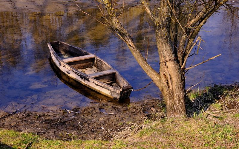 řeka, loď, stromy, Řetězy, odraz, voda řeka, loď, stromy, Řetězy, odraz, voda